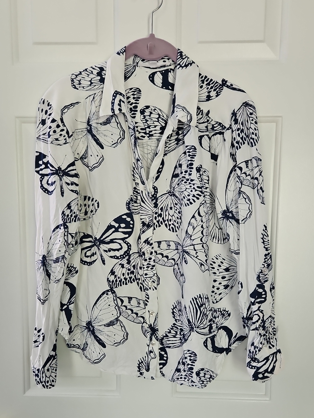 Jane and Delancey White Blouse with Blue Butterfly Print